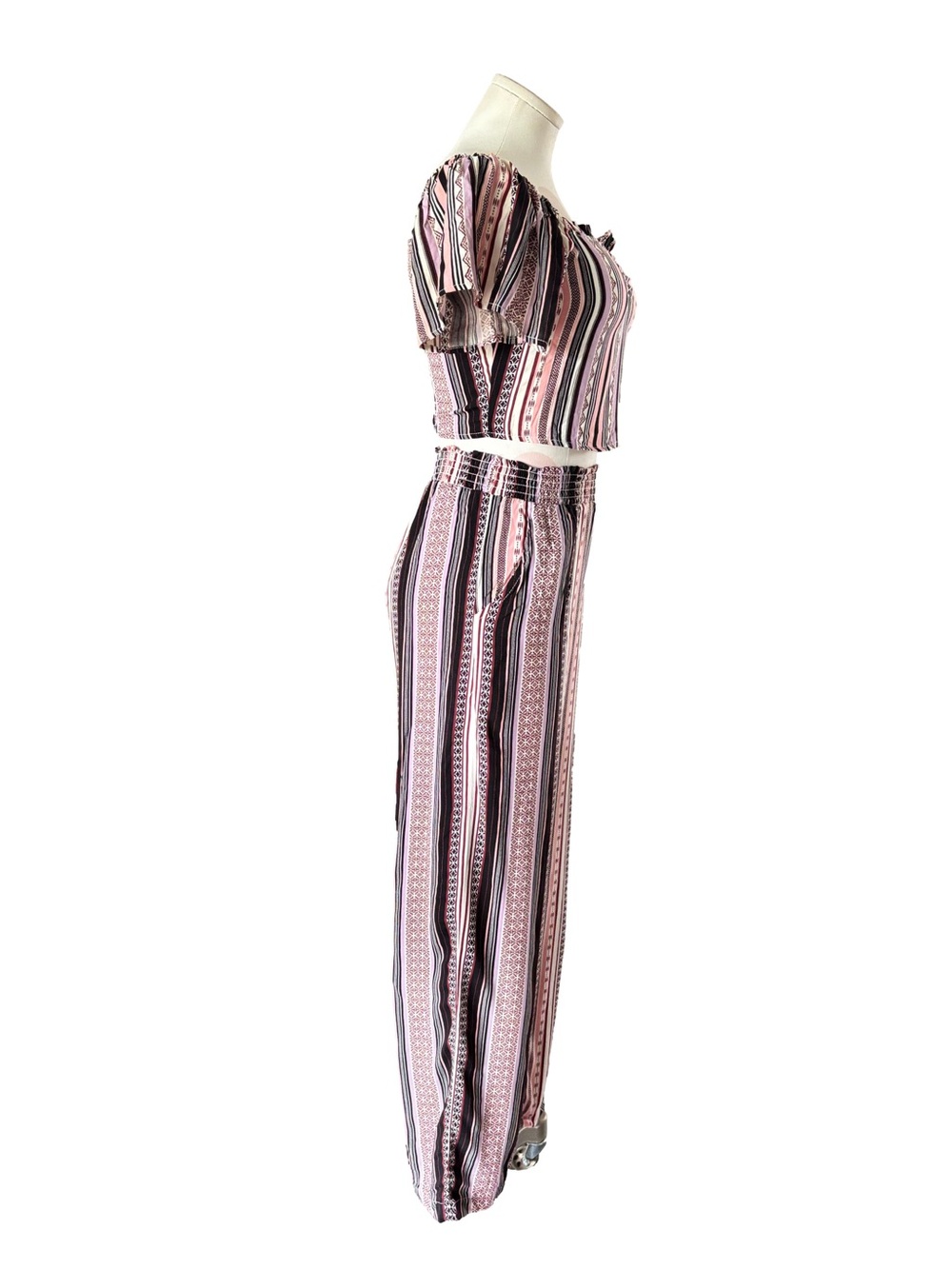 Pink Multi Stripe Two Piece Set Crop Top Wide Leg Pants S/XS - Picture 5 of 8